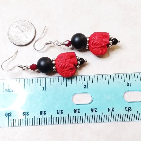 Super Cute! Large & Chunky! Black + Red Elephant Dangle Earrings! Tuskers!!! - Picture 8 of 8